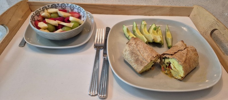 Red & Green Pepper, Onion, Cheddar, Egg Burrito w/ Avocado Breakfast