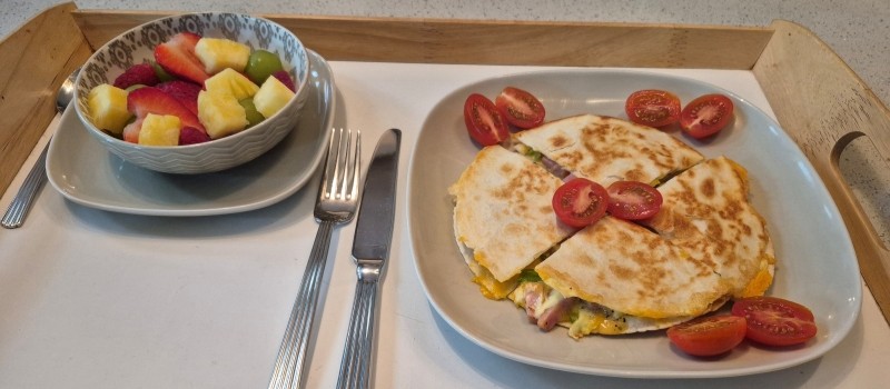 Ham, Green Onion, Cheddar, and Egg Tortilla Breakfast